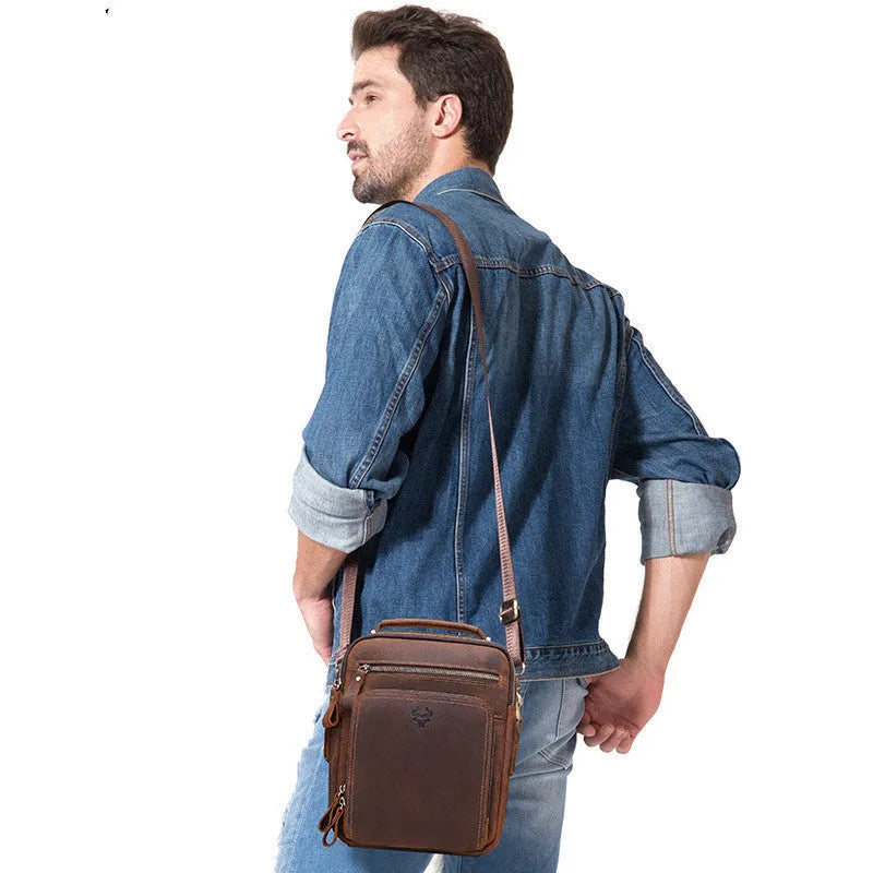 Men's brown Crazy Horse leather crossbody bag with single-shoulder design and visible sewing lines