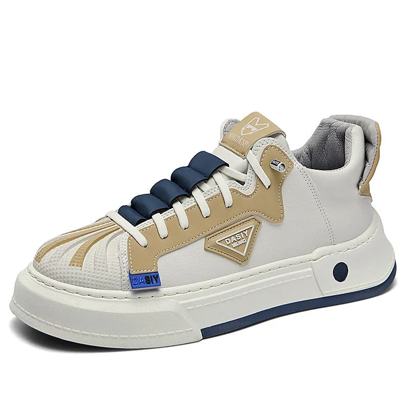 Men's beige low-top sneakers with elastic band and leather stitching on microfiber upper.