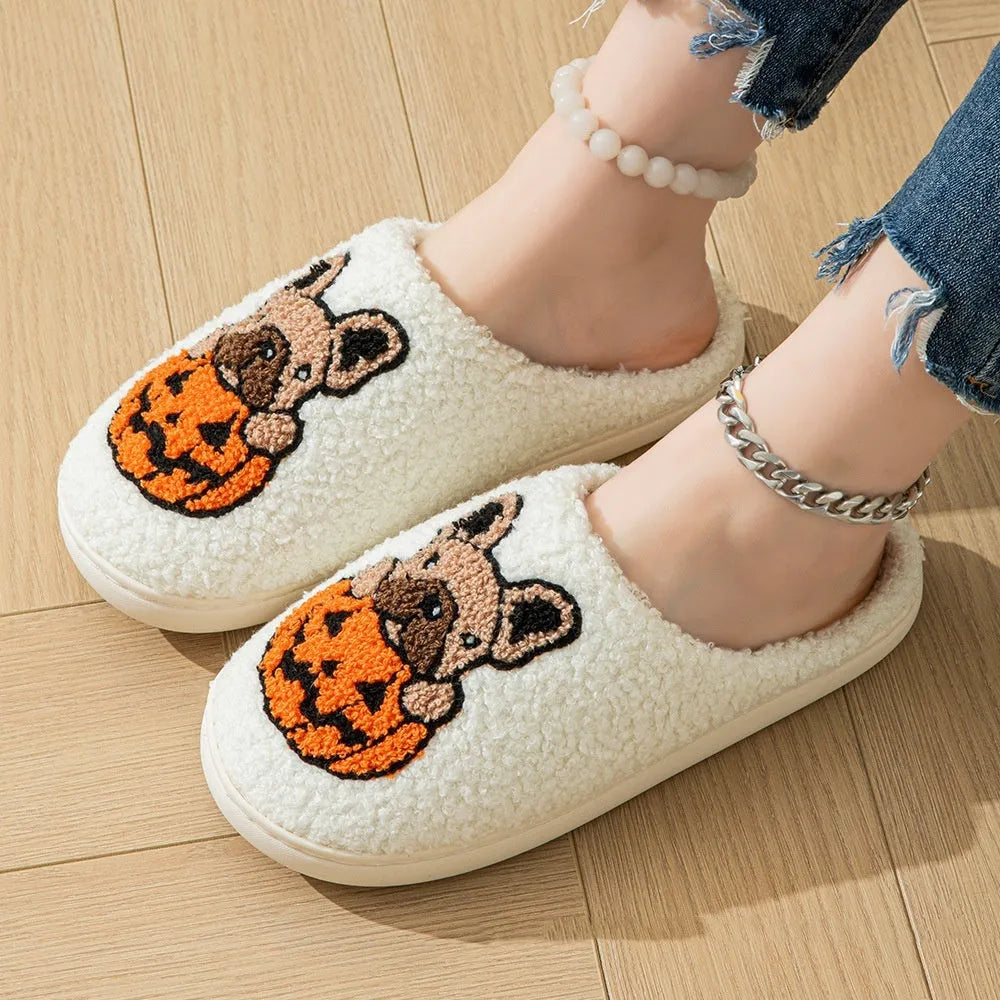 Halloween pumpkin design plush slippers with memory foam soles in black or white colours