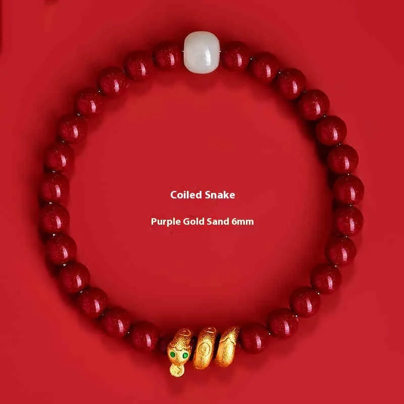 Handmade cinnabar snake zodiac bracelet in Chinese style with 6mm or 8mm bead options