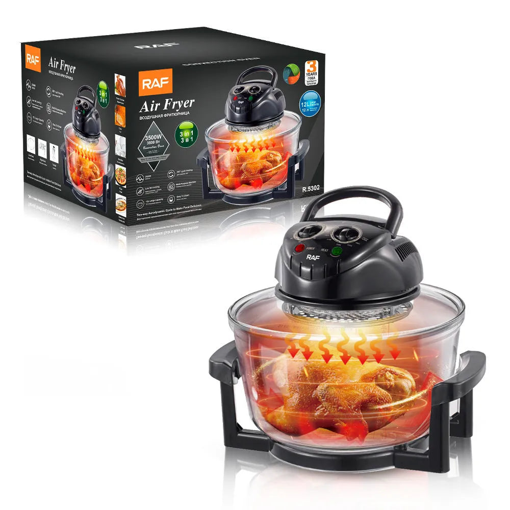 Multi-functional air fryer with visual window, touch panel, black plastic body, EU plug, 1200W convection heating