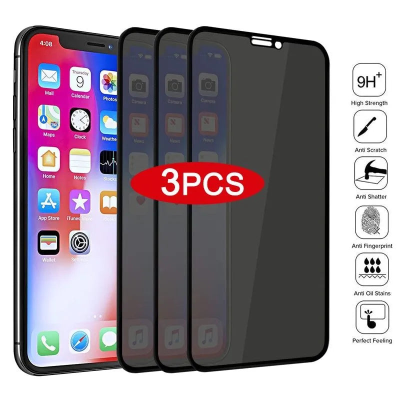Black anti-peeping tempered glass screen protector for iPhone on a white background.