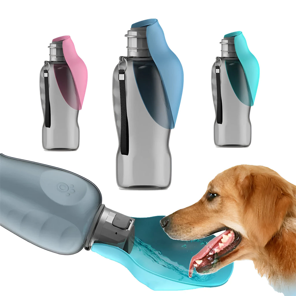 Blue-grey foldable dog water bottle with drinking trough open, showing wrist strap and lock key.