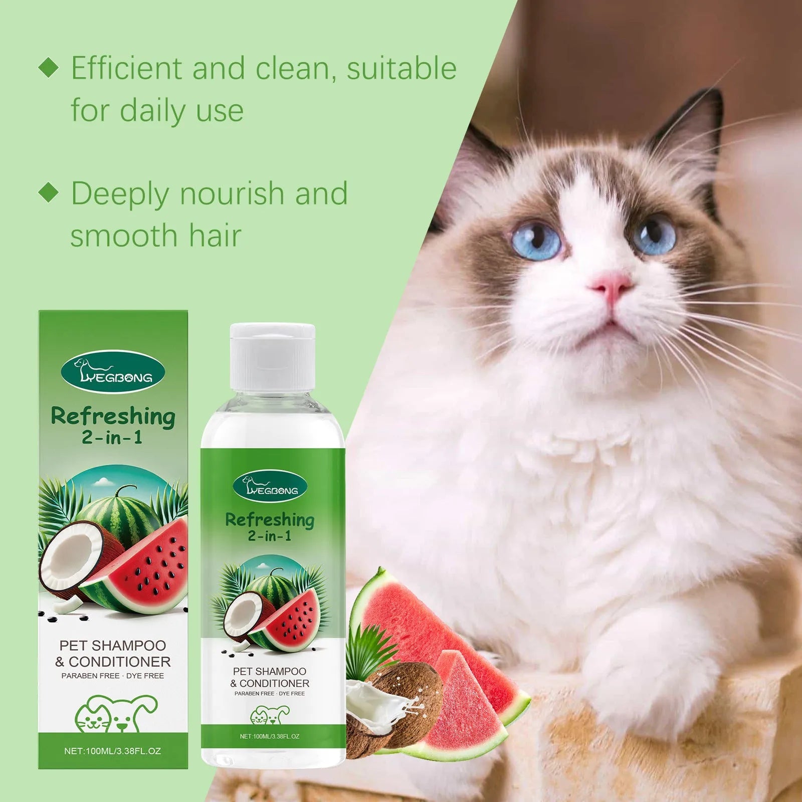 100ml bottle of pet 2-in-1 shampoo and shower gel with watermelon and coconut extract.