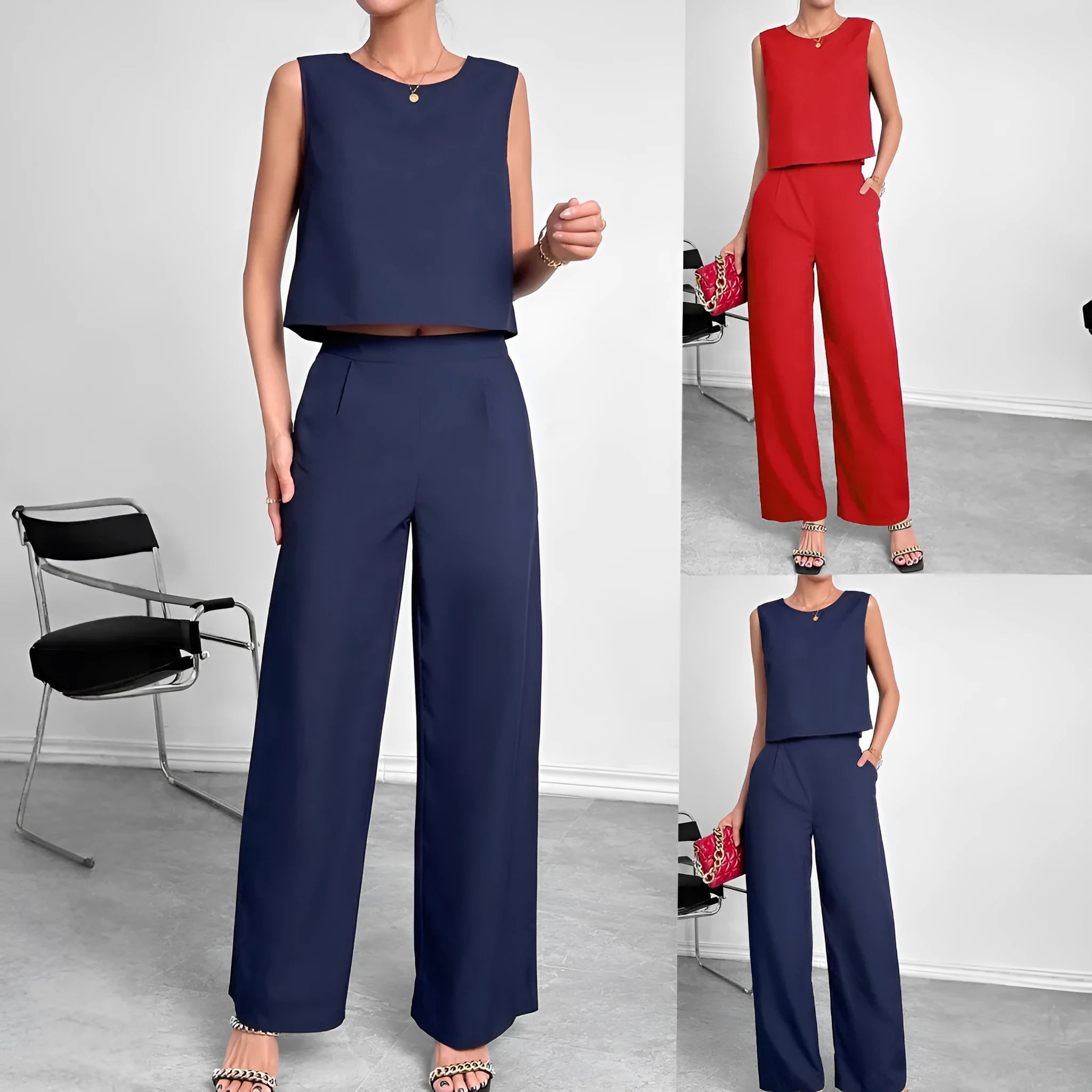 Red sleeveless top and wide leg trouser two-piece set laid flat, showing Asian sizing label.