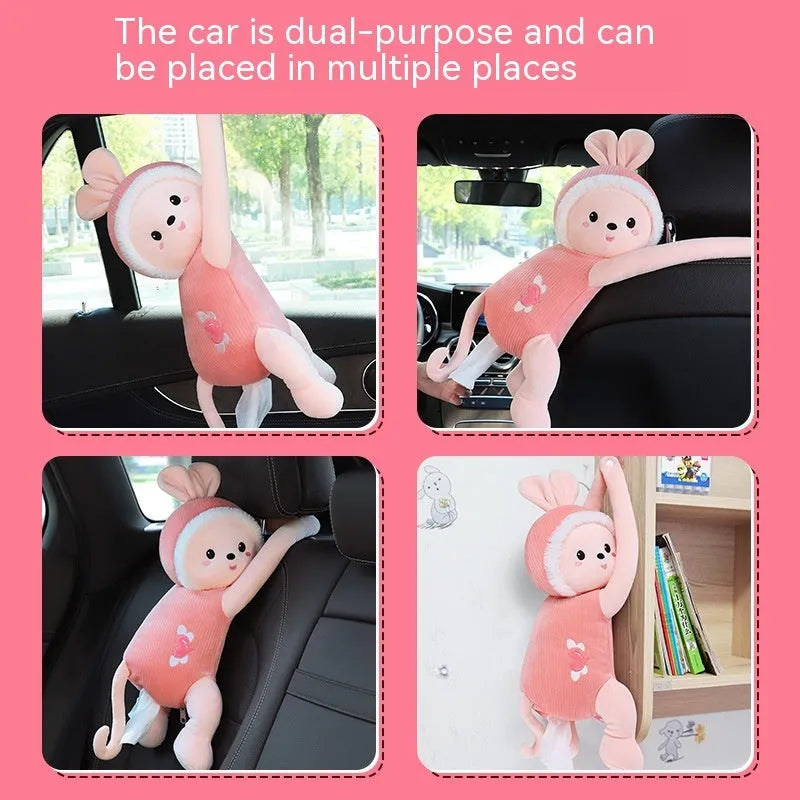 Plush car seat back tissue holder in cute animal design mounted on vehicle headrest