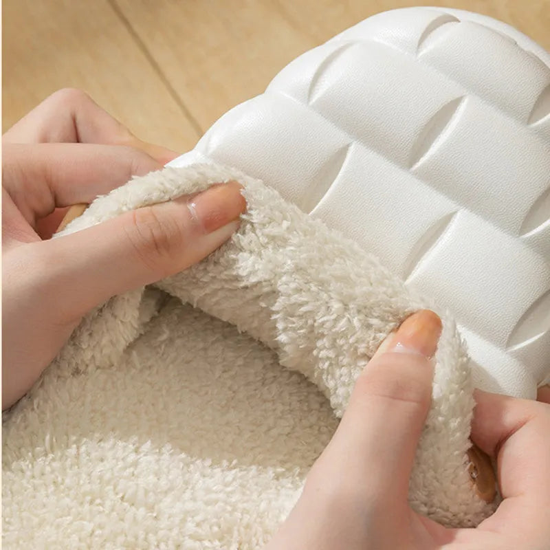 Plaid detachable EVA house slippers with plush lining, shown in multiple colours on a white background.