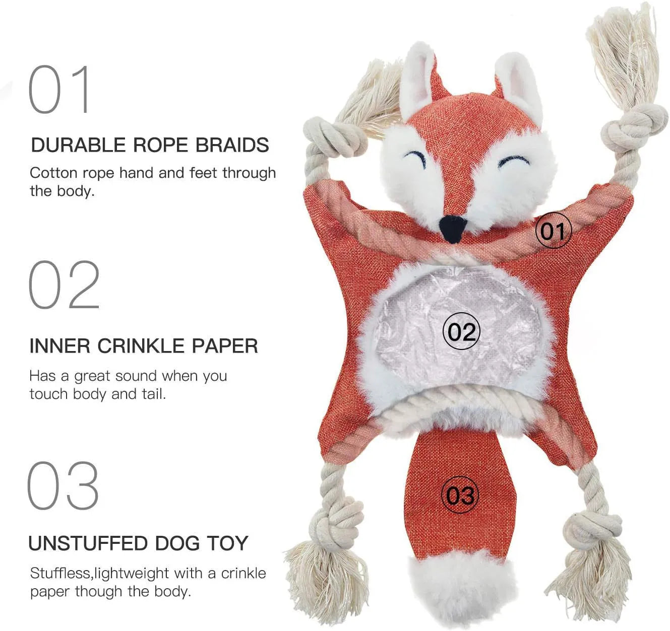 Brown fox dog toy with squeaker and crinkle paper, cotton rope arms and legs, embroidered eyes