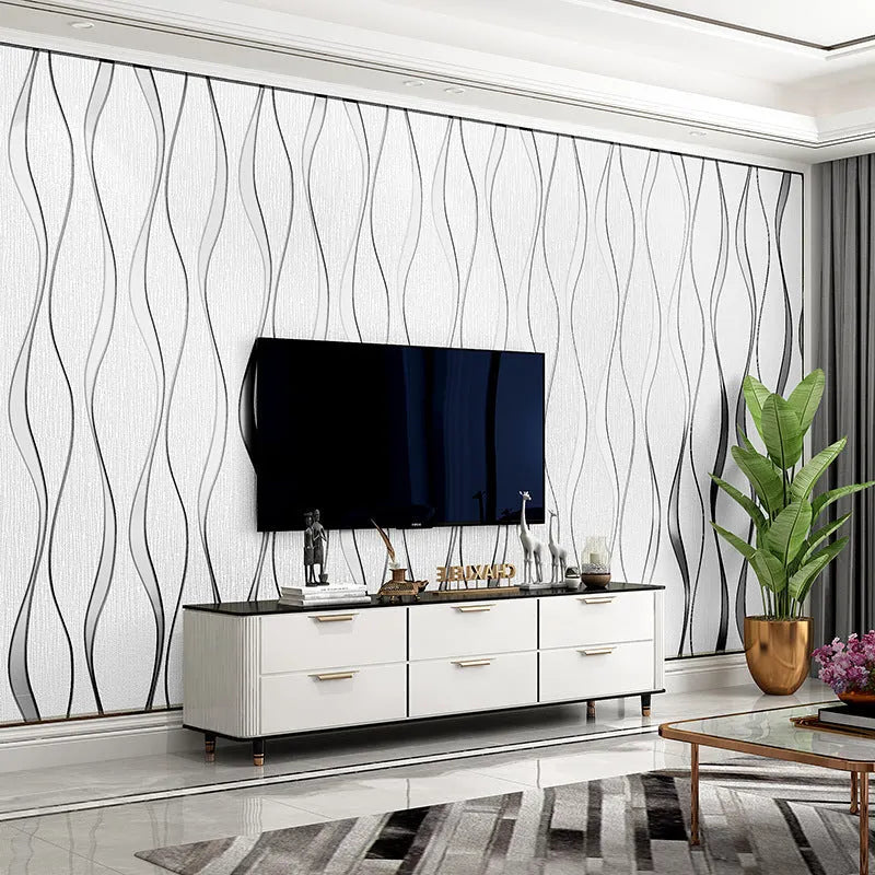 Close-up of curve stripe pattern on textured velvet wallpaper in dark brown, showing 3D effect.