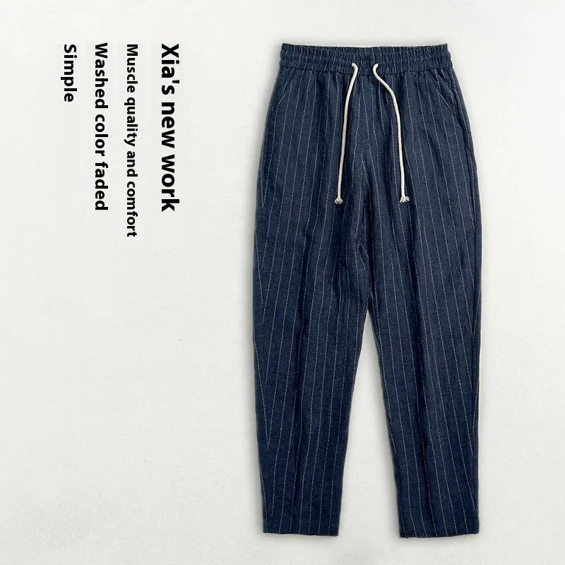 Men's linen summer casual trousers in striped patterns with cropped length and thin cotton linen fabric