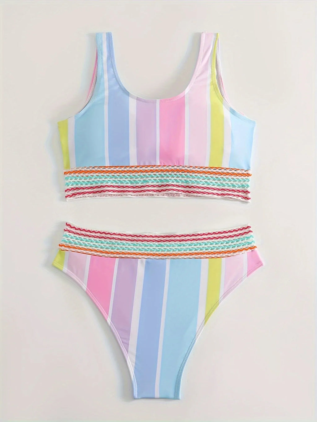 Women's striped sports bikini swimwear set in polyester fabric with spandex lining