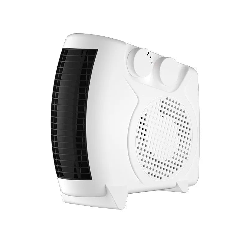 White compact ceramic electric heater with dual power settings for desktop use
