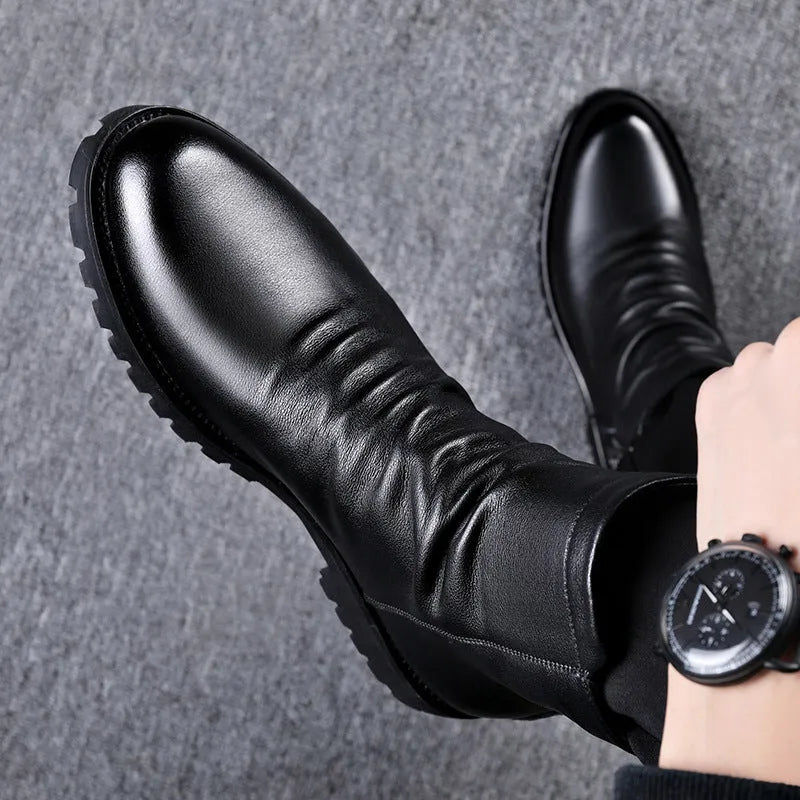 Men's high-top zipper Martin boots in black patent leather with low wedge heel rubber sole