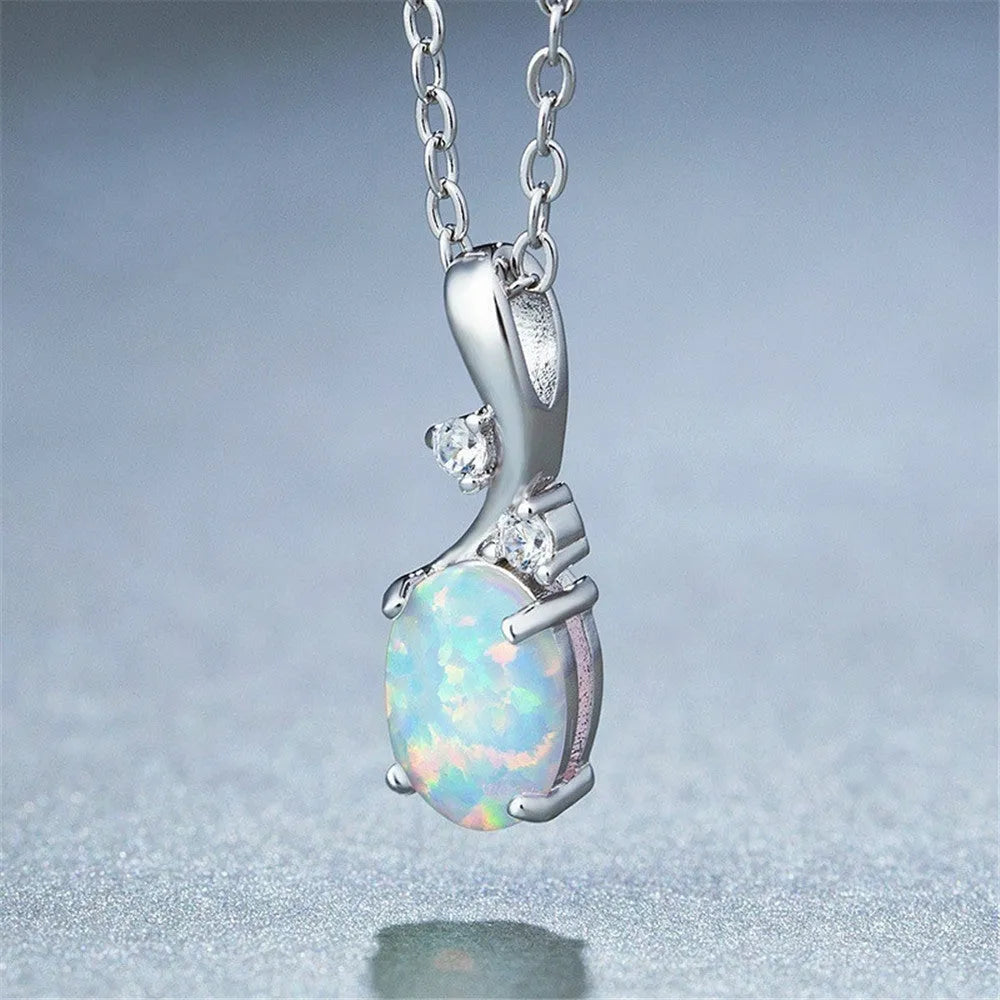 Water drop opal pendant necklace on adjustable O-chain in rose gold or white colour