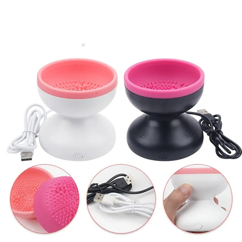 Electric makeup brush cleaner machine with ABS silicone body and compact 9 x 8.8 cm size in Black Rose Red