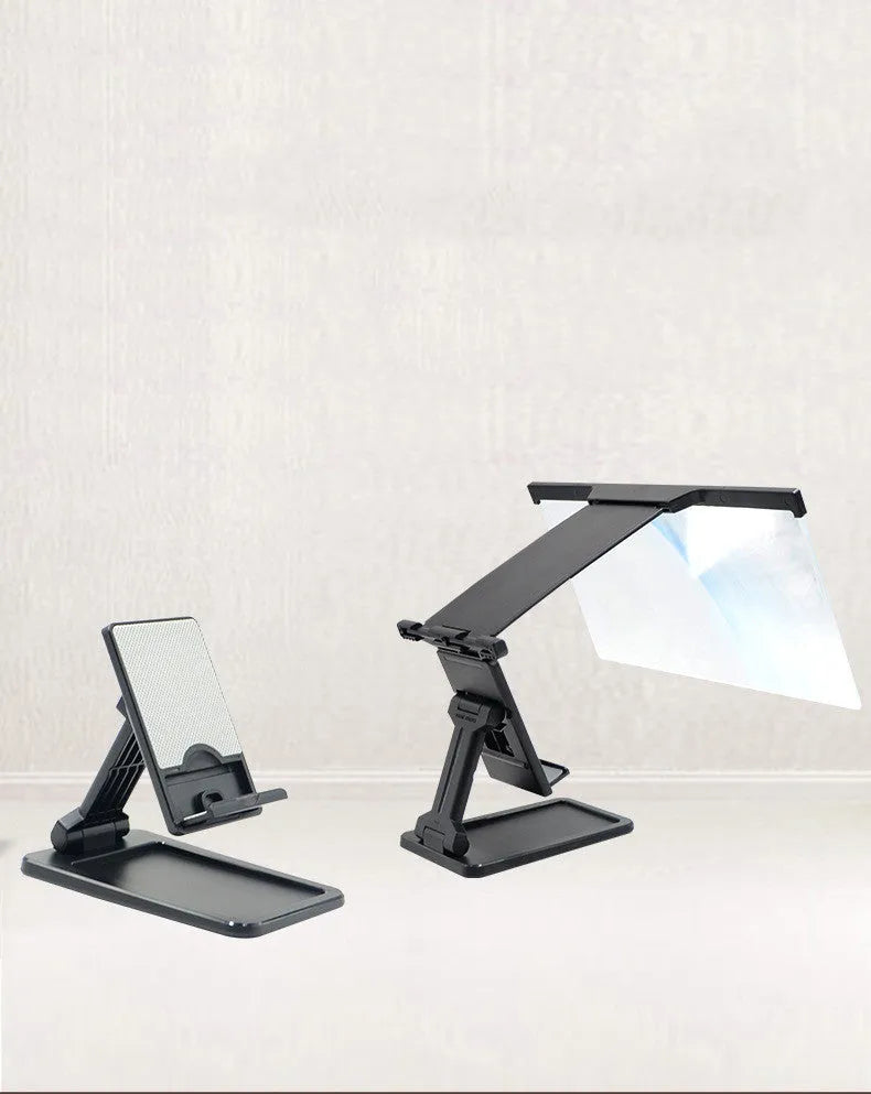 Black 12-inch mobile phone screen amplifier with detachable phone holder in folded position