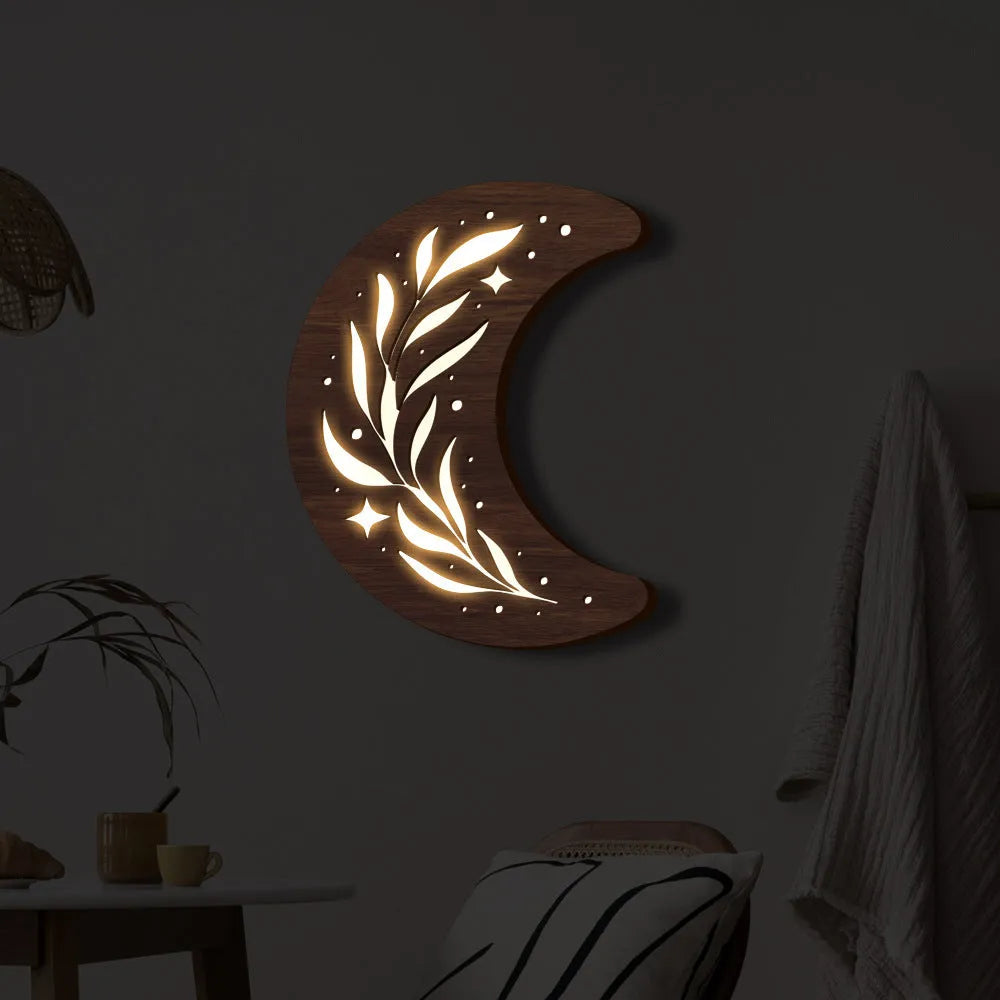 Three-dimensional wooden leaf crescent pendant lamp in MZ212 colour with luminous night light