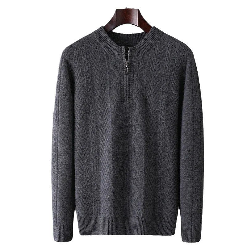 Men's pure wool half zip sweater with diamond lattice pattern in camel colour