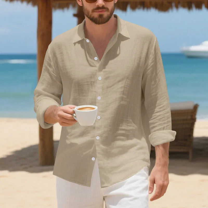 Man wearing a loose-fit linen casual shirt in a light blue colour, showcasing the relaxed style.