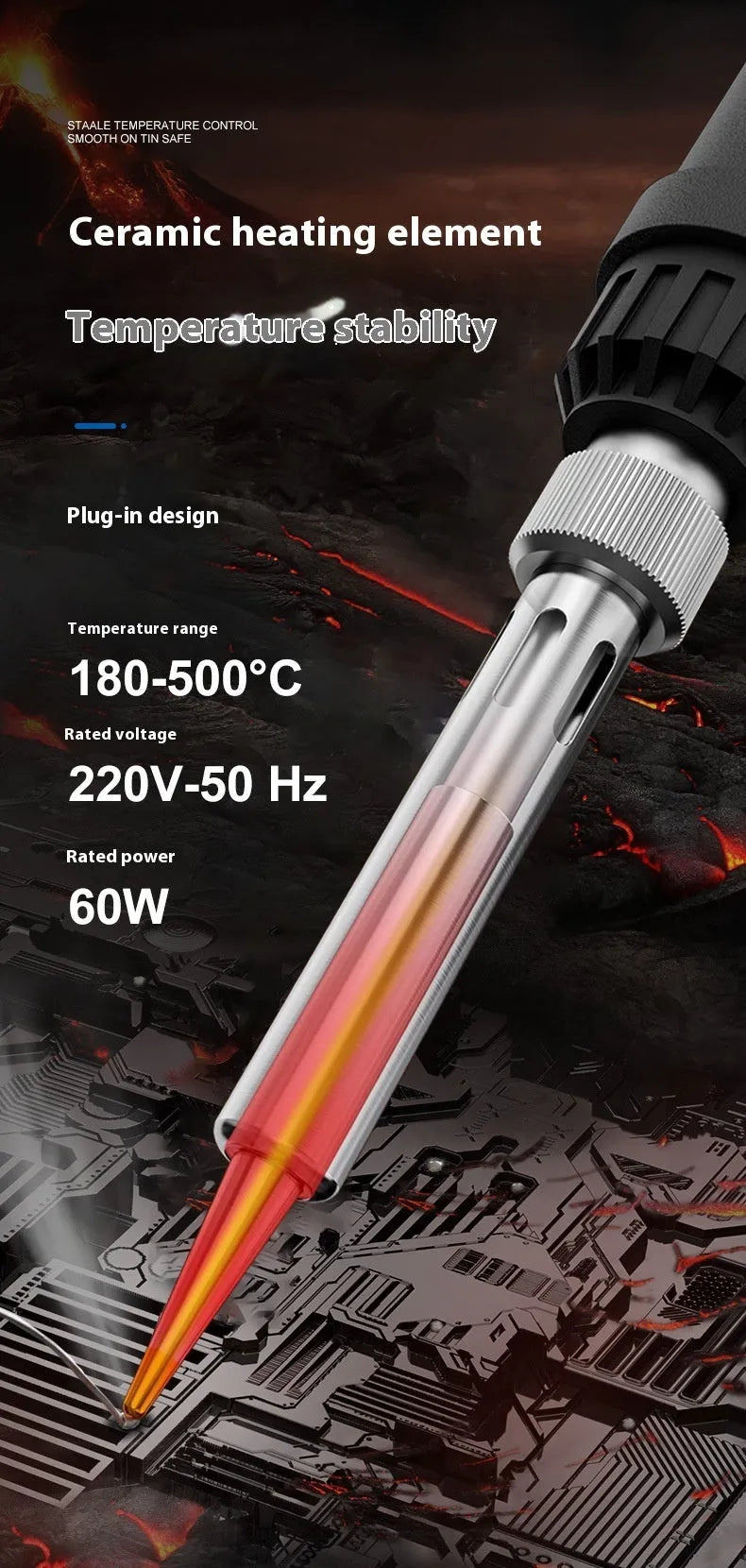 Grey 90W electric soldering iron with ceramic heating core, adjustable temperature, and set of five tips.