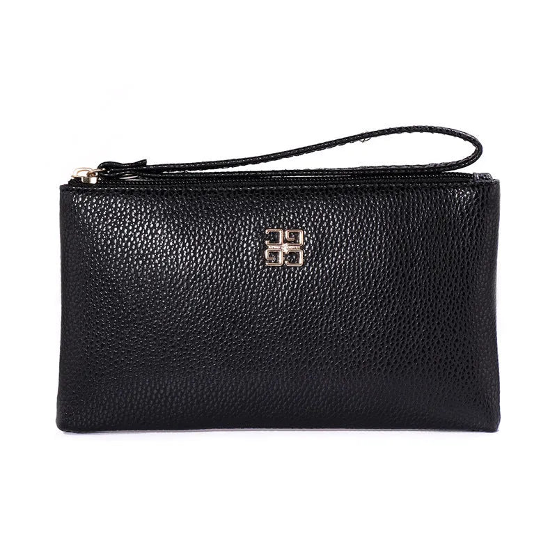 Long black PU leather wallet handbag with a zipper, shown open, sized for a 55-inch mobile phone.