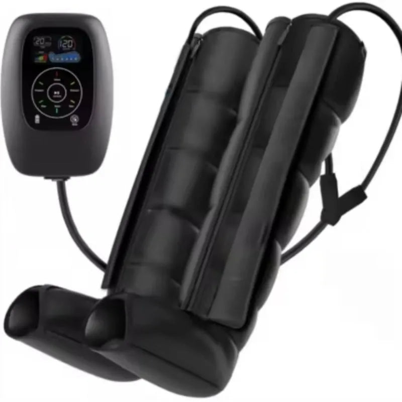 Air compression leg, arm, and waist massager unit with separate handheld remote control.
