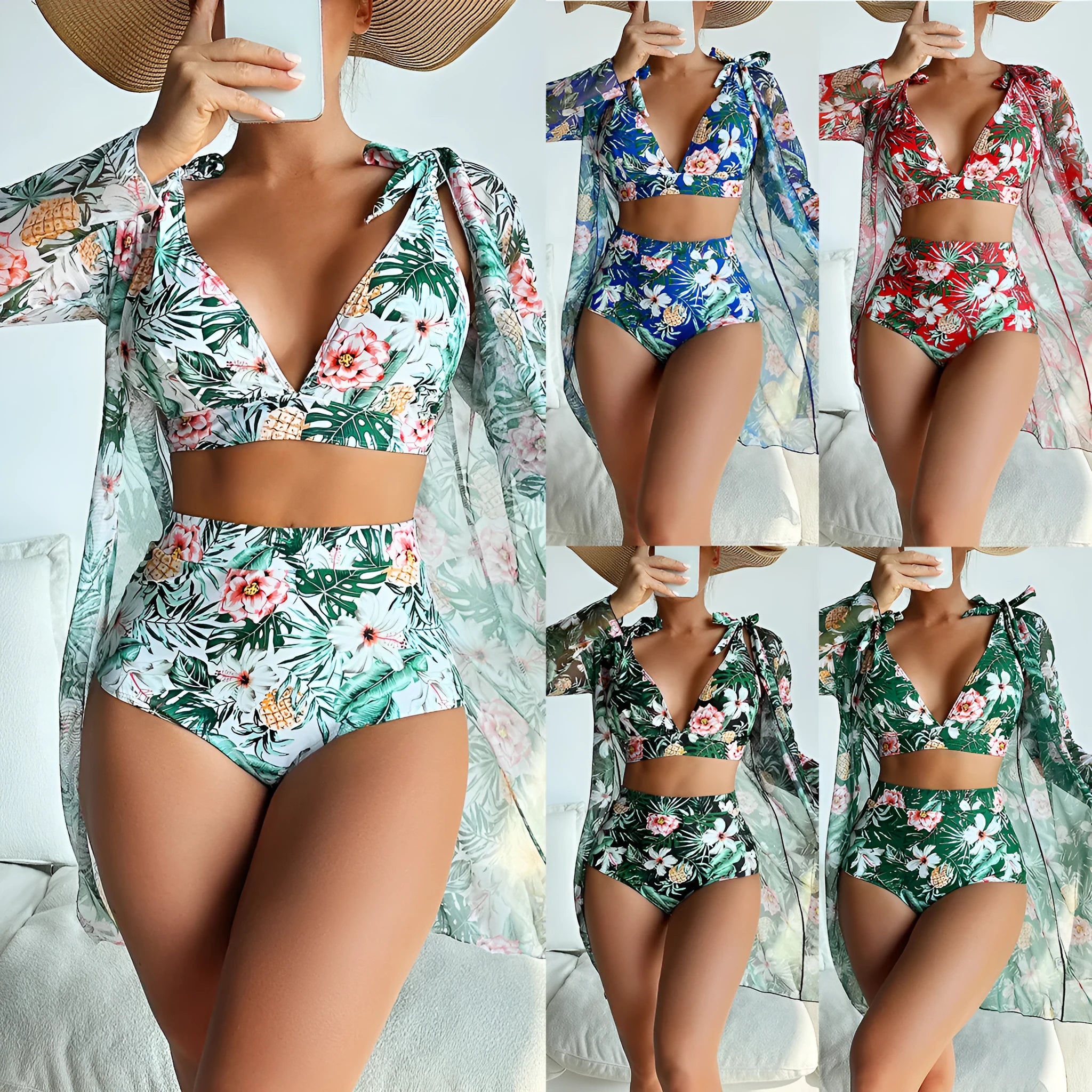 Women's multicolour printed bikini three-piece set with high elasticity construction