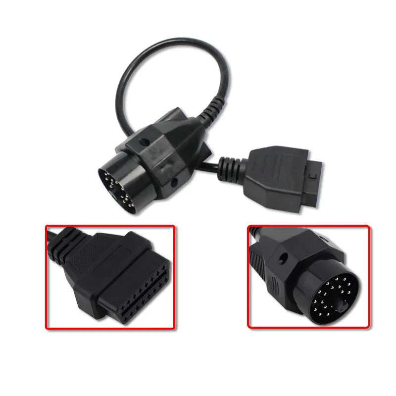 OBD2 adapter cable with a BMW 20-pin connector and a standard 16-pin OBD2 socket