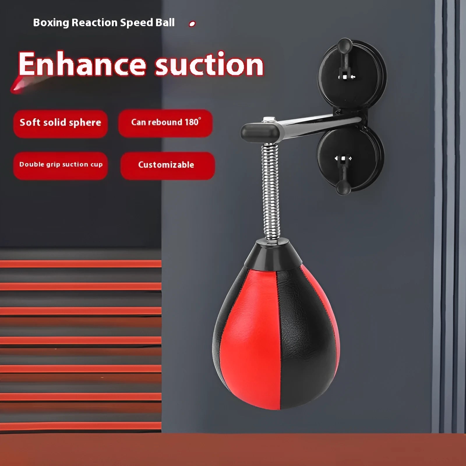 Red and black pear-shaped PU hanging speed ball with elastic band and suction cup mount for boxing training.