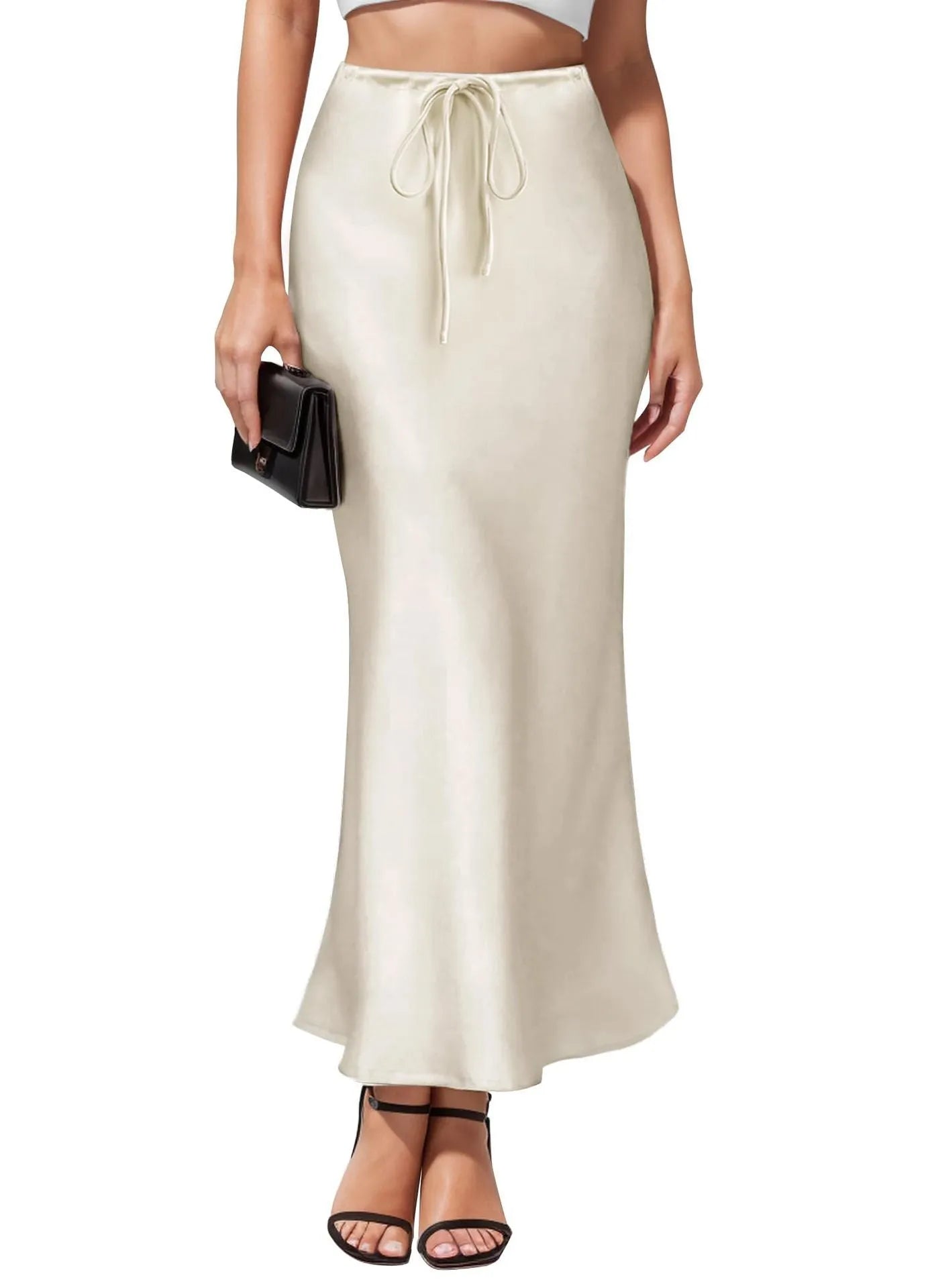 Asymmetric acetate satin skirt with irregular stitching detail in high waist design