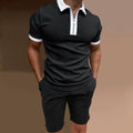 Men's casual printed polyester two-piece set showing short sleeve top and matching shorts
