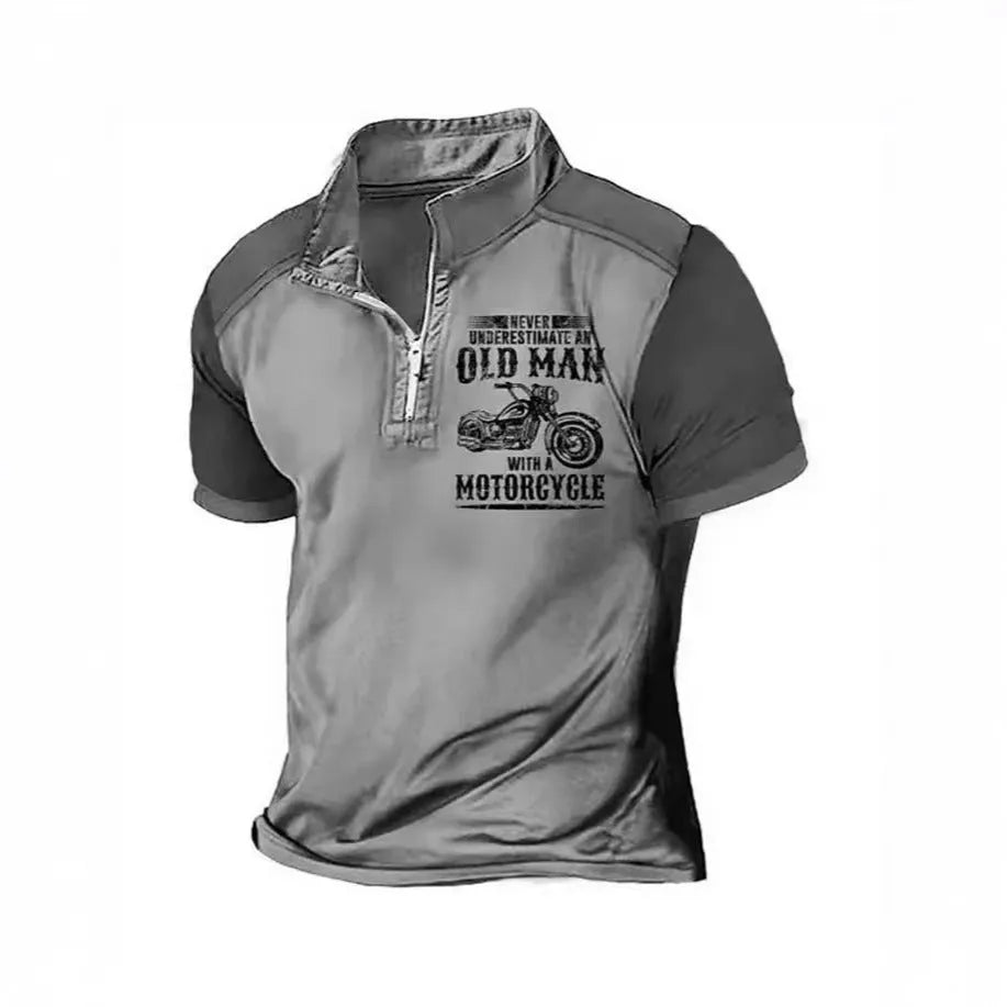 Men's casual short sleeve polo shirt with a digitally printed lapel and zipper details.