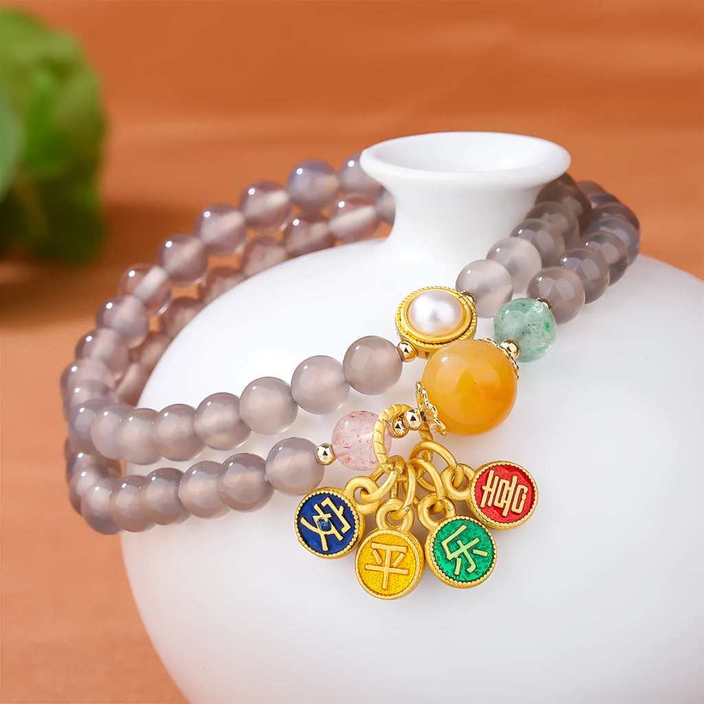 Women's two-circle bracelet made with natural gray agate beads in a retro style.