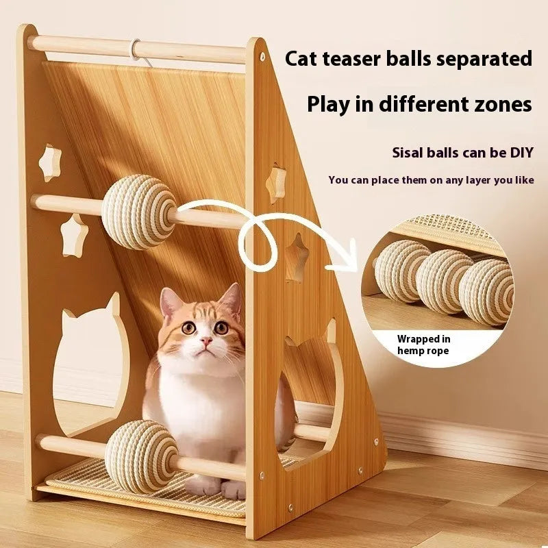 Vertical wall-mounted cat scratch board with sisal surfaces and cat teasing ball with hemp rope