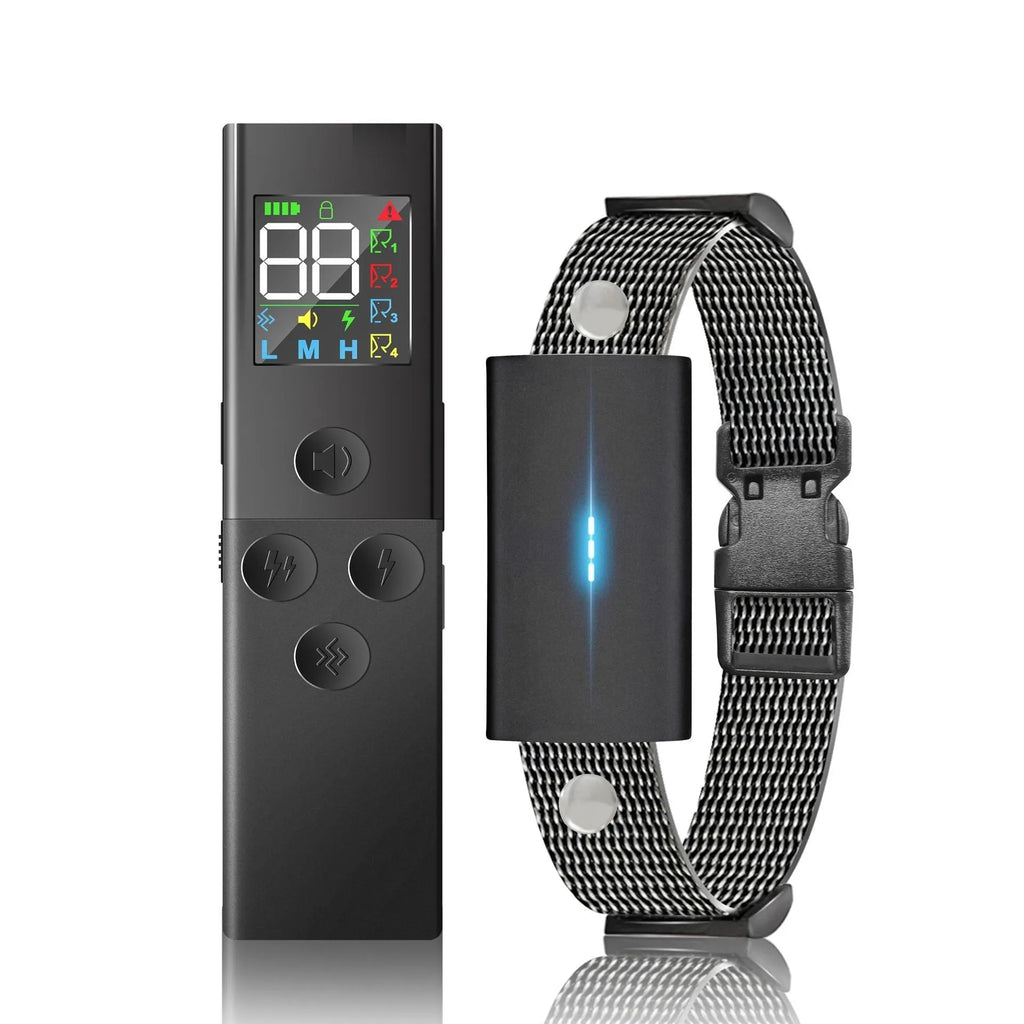 Black colour screen bark stopper dog trainer with remote control and receiver unit