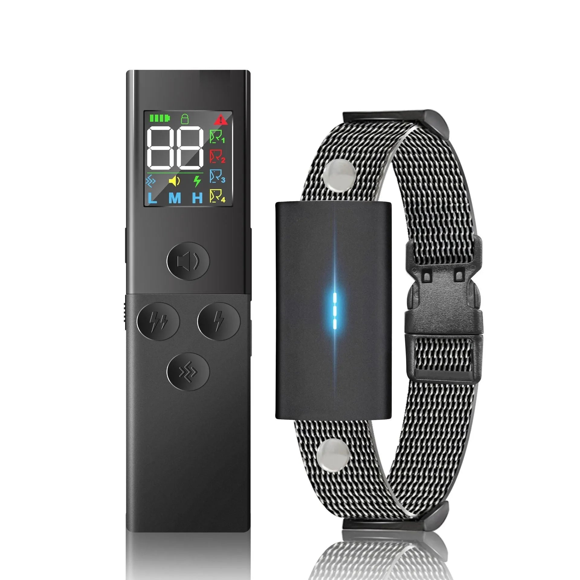 Black colour screen bark stopper dog trainer with remote control and receiver unit