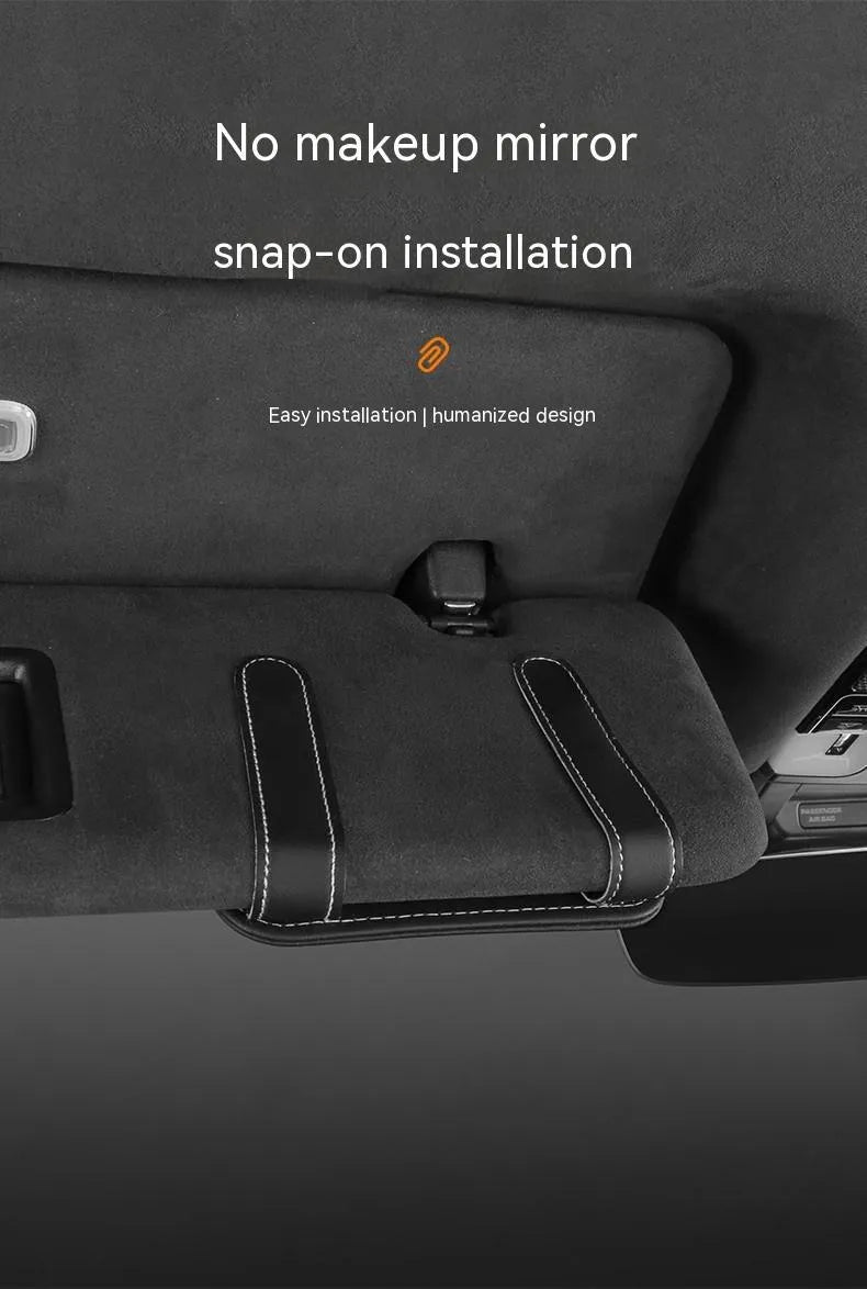 Car sun visor card holder with glasses clip in leather with snap-on installation