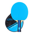 Blue, green, and pink shakehand grip table tennis rackets with matching racket covers laid out.