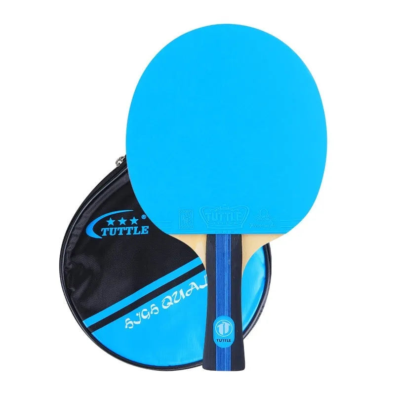 Blue, green, and pink shakehand grip table tennis rackets with matching racket covers laid out.