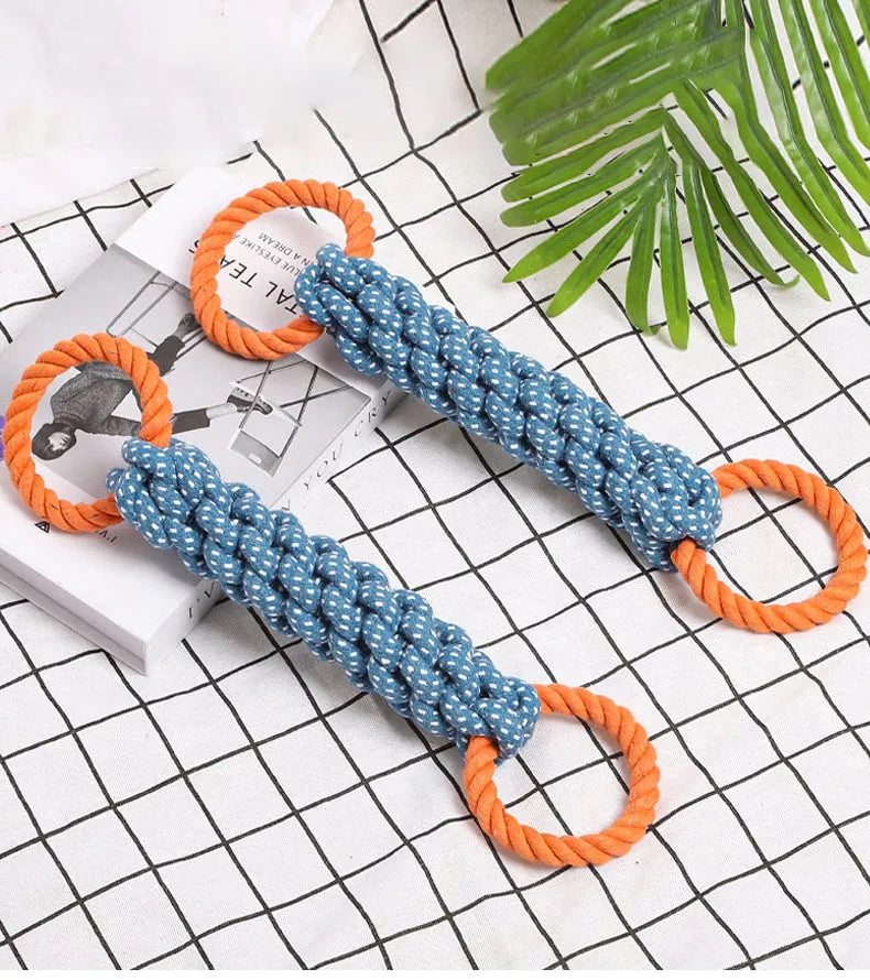 Blue double-ring cotton dog chew toy with braided bone rope centre, shown at 37 cm length