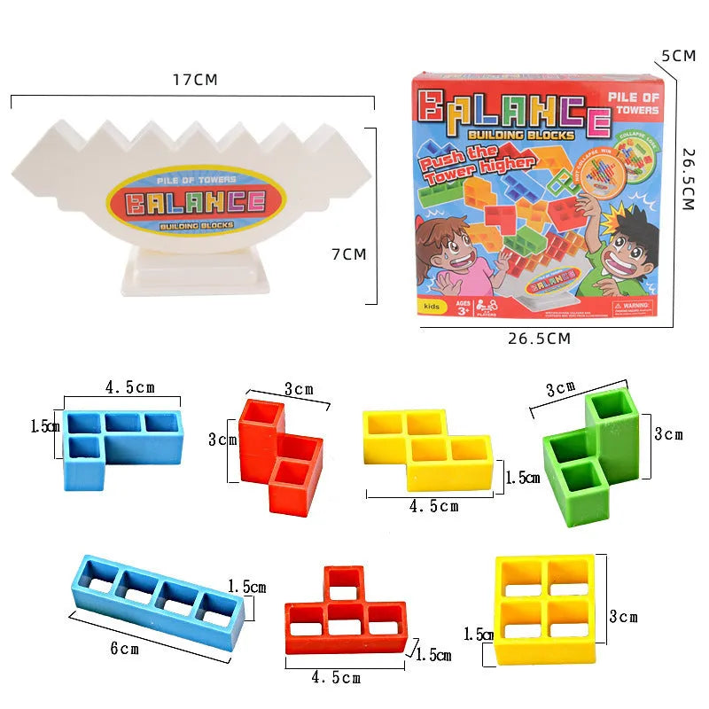 Plastic balance stacking game with colourful blocks, chassis, and base in packaging.