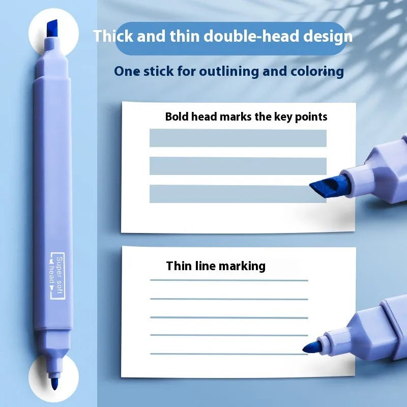 Set of six double-headed fluorescent highlighter pens with assorted barrel colours on a white surface.