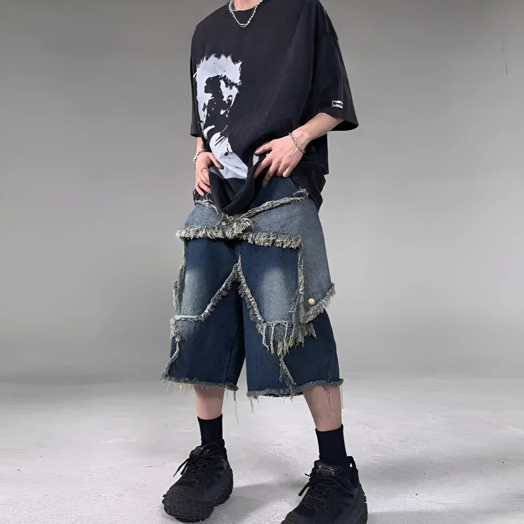 Blue retro denim shorts with frayed edges and five-pointed star decoration, loose fit style
