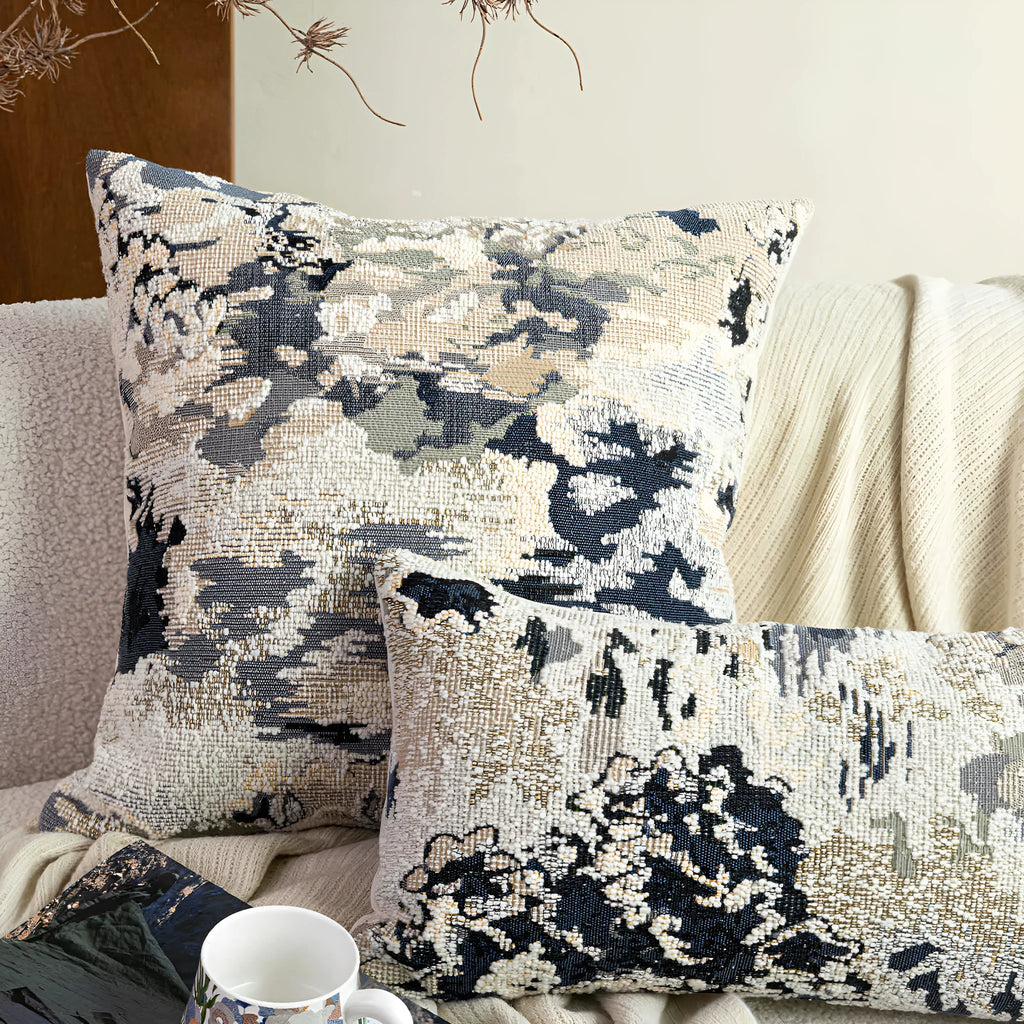 Antique blue wool blend pillow with abstract floral print, shown in square and waist pillow sizes.