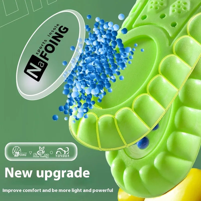 Green PU sports insoles with argy wormwood, shown with size guide for ranges 35-46.