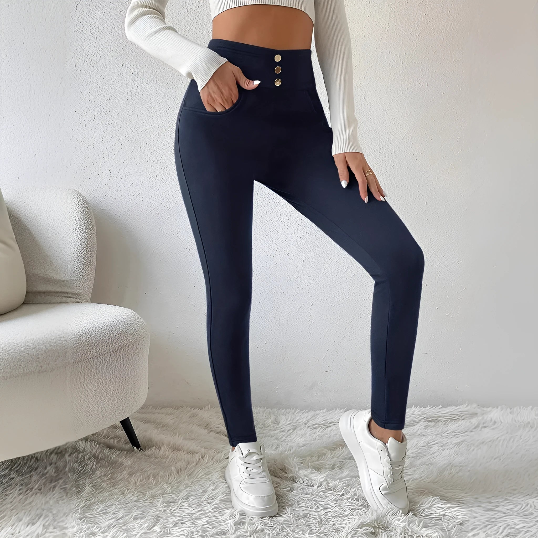 Women's navy blue high-waist straight-leg trousers in casual style with polyester fabric