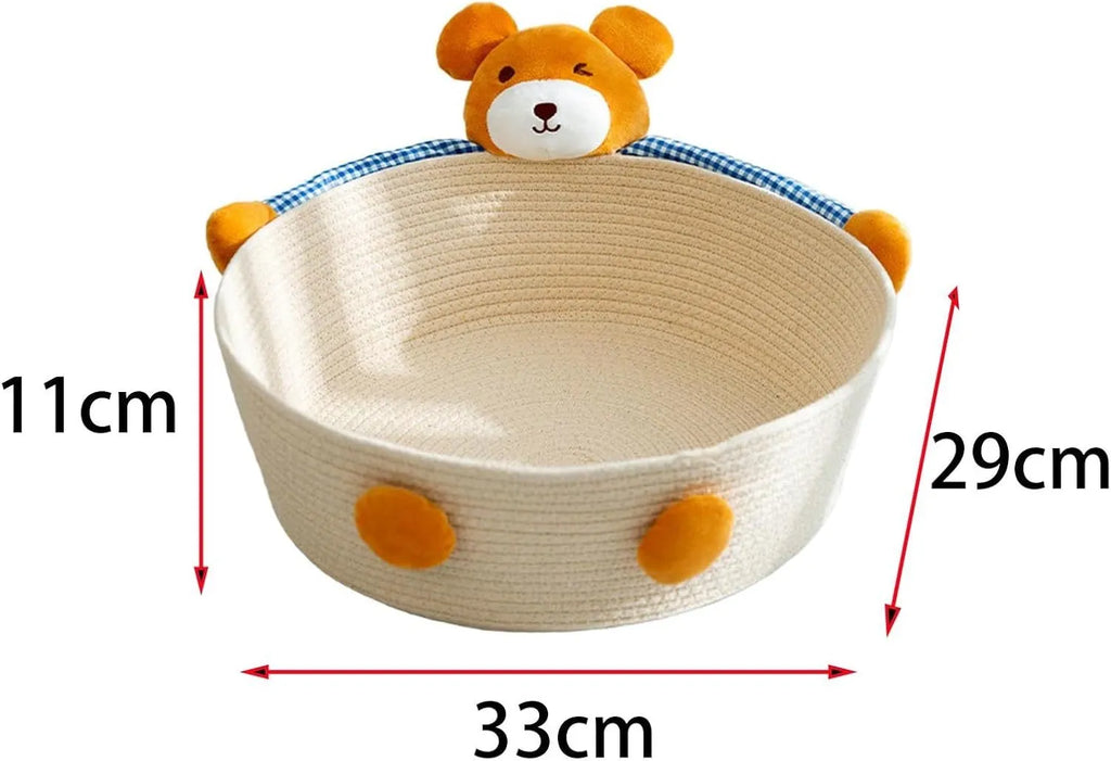 Cotton rope woven cat bed basket with integrated scratching pad in bear design
