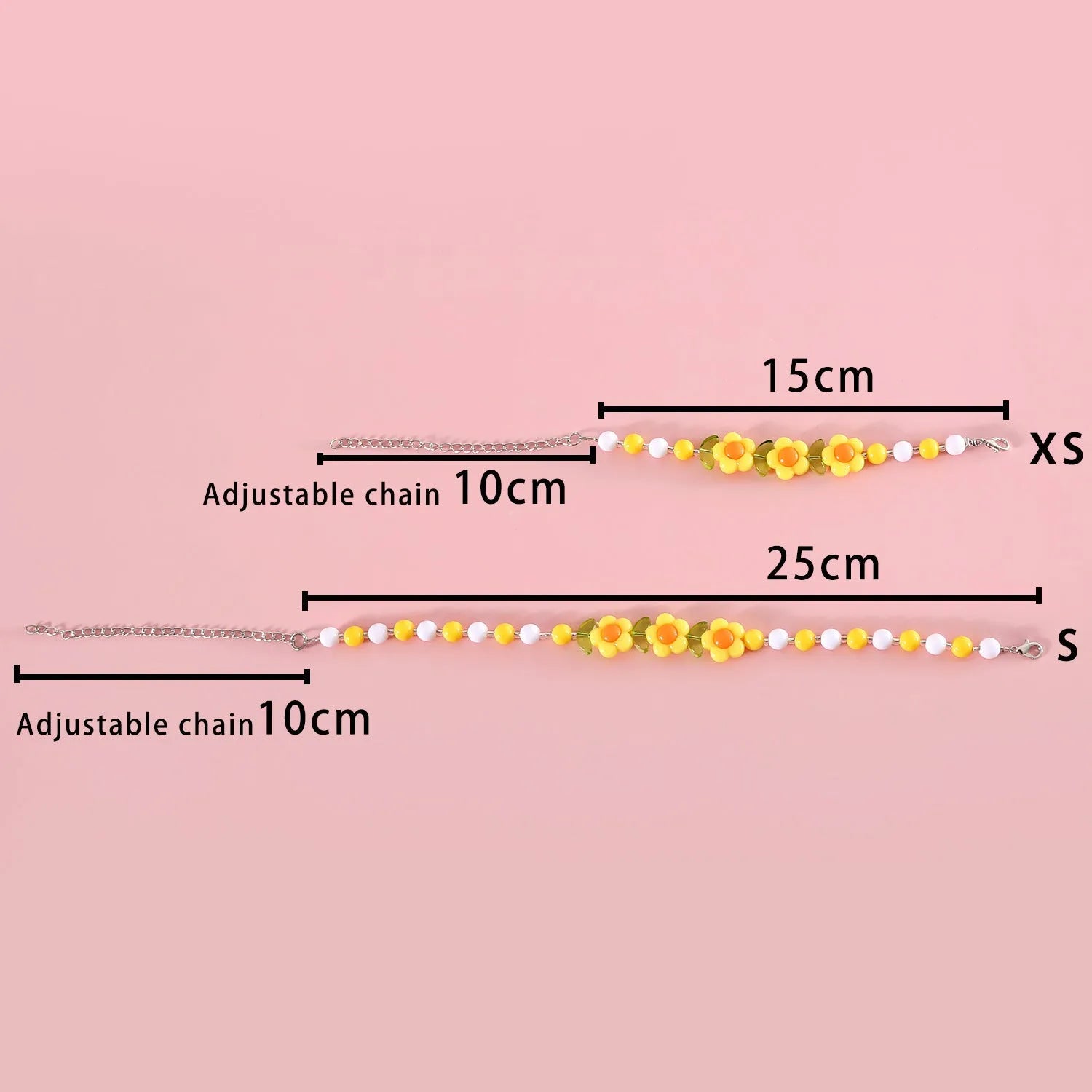 Colourful plastic cat necklace with bead patterns in rainbow, peach or small flower designs on adjustable 15-35cm collar