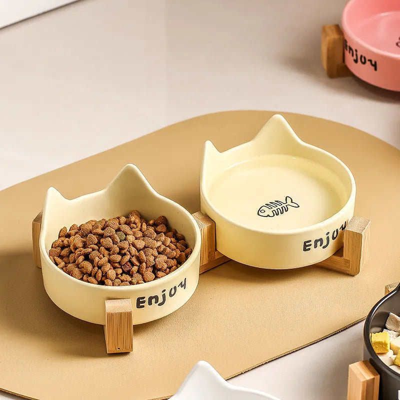 Porcelain cat bowl set with wooden frame in cat paw design