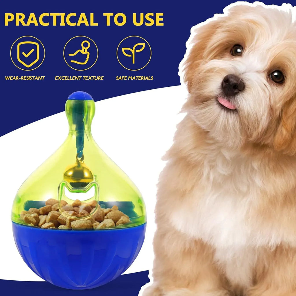 Tumbler-shaped interactive treat dispenser toy for dogs and cats on a floor.